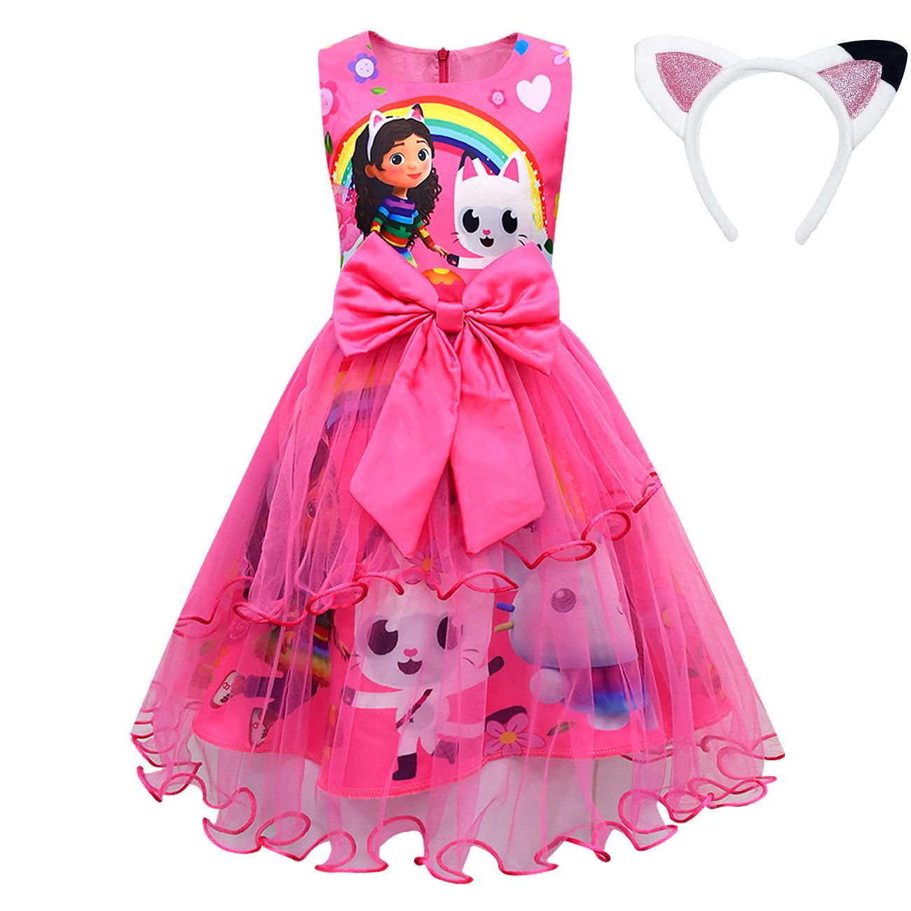 Costume Gabbys pour enfants avec Chapeau Sac Bandeau pour Cheveux G-Gabbys-Dollhouse Vêtements Robe Mercat Animaux Chat Souriant Voiture Chat Fille Gaby Robe 110(3-4Years) pink