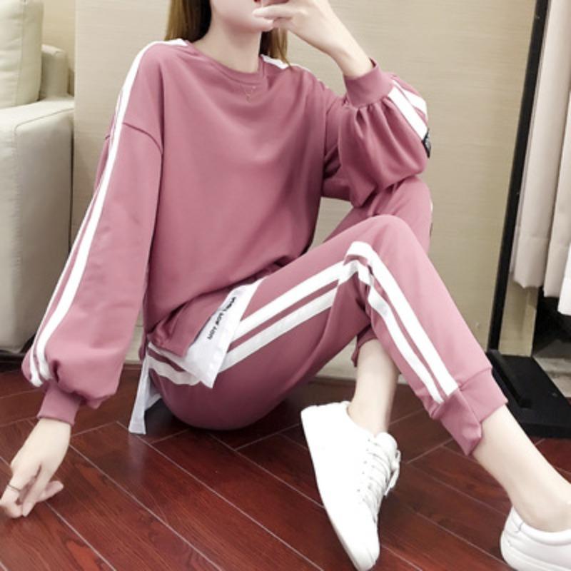 YYFS Women's Fashion Casual Spring Fall Stripe Print Long Sleeve O-Neck Trousers Pants Suits