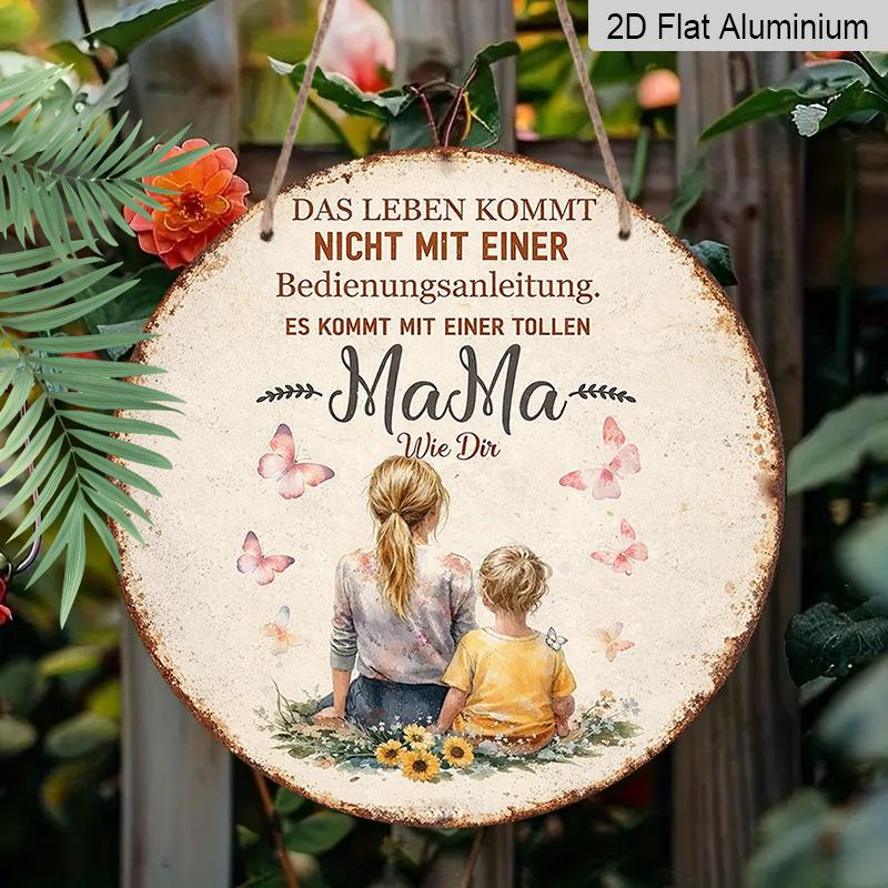 2D Flat, 1pc Round Aluminum Hanging Sign - German "Mama" Quote Watercolor Mom & Child Vintage Metal Wall Art, Butterfly Sunflower Design, Perfect for