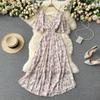 Women's V Neck Floral Chiffon Maxi Dress High Waist A-Line Casual Dress for Summer Vacation