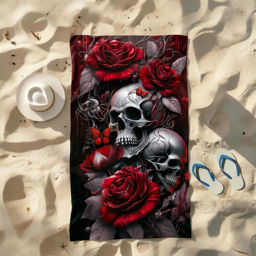1 Stück Schädel & Rosen Strandtuch, Mikrofaser, Farbecht, Ideal für Strand, Pool, Camping, Reisen, Badezimmer, Sommerurlaub Unverzichtbar