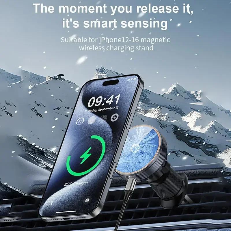 Ice Cooling Magnetic Wireless Car Charger for MagSafe iPhone 16 15 14 13 12 Pro Max Night Light Car Phone Holder Fast Charging