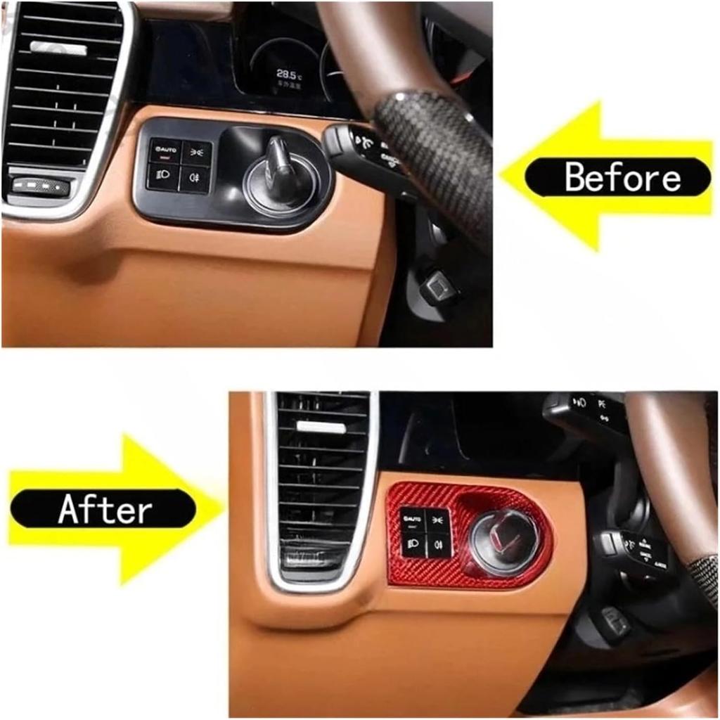 Interior Headlight Switch Frame Cover Sticker Trim Compatible for Porsche Cayenne 2018-2023 Real Carbon Fiber Car Styling Interior Accessories(Red)