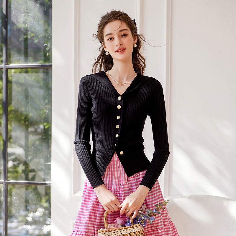 Bailuyu Women's Elegant Slim-Fit Navy Collar Knit Cardigan