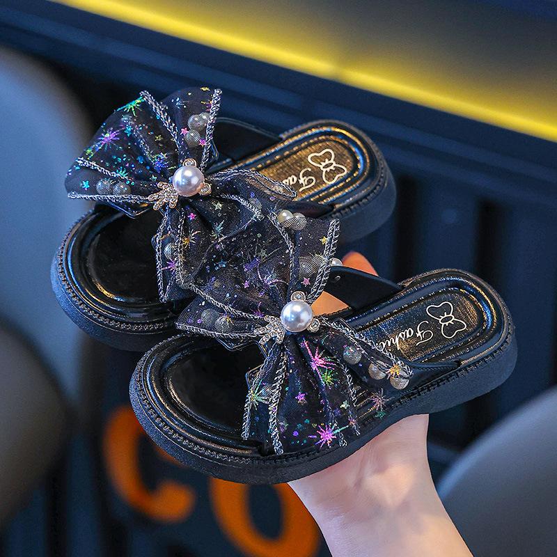 Girls Lace Mesh Slippers Summer New Girls Soft Sole Pearl Bao Head Princess Shoes Girls Sandals