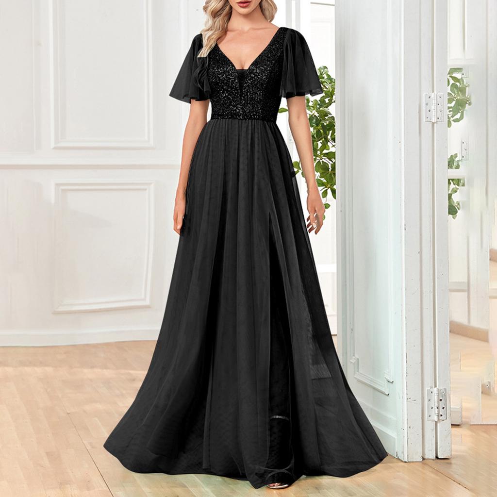 Evening Dress Banquet Mesh Long Swing Dress V-neck Sexy Short-sleeved Long Dress
