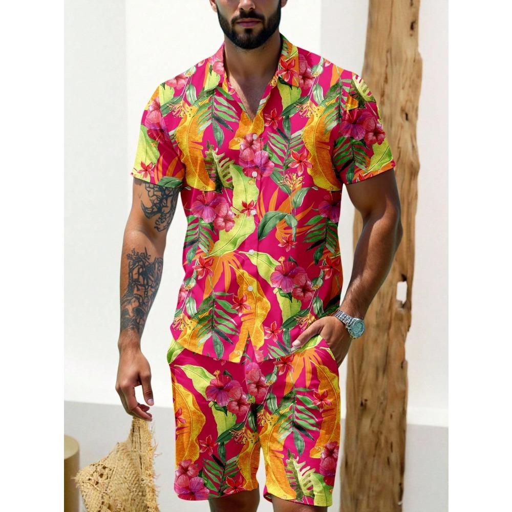 Ananas Blumenprint Hawaiianisches Herrenhemd und Shorts Zweiteiliges Set Lässiges Urlaubs-Herrenhemd-Set Kurzarm Hemd mit Knöpfen