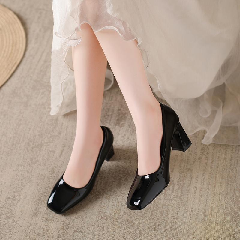 Metal Buckle Square Toe Patent Leather High Heels Autumn New Slip-on Non-Slip Wear-Resistant Block Heel Single