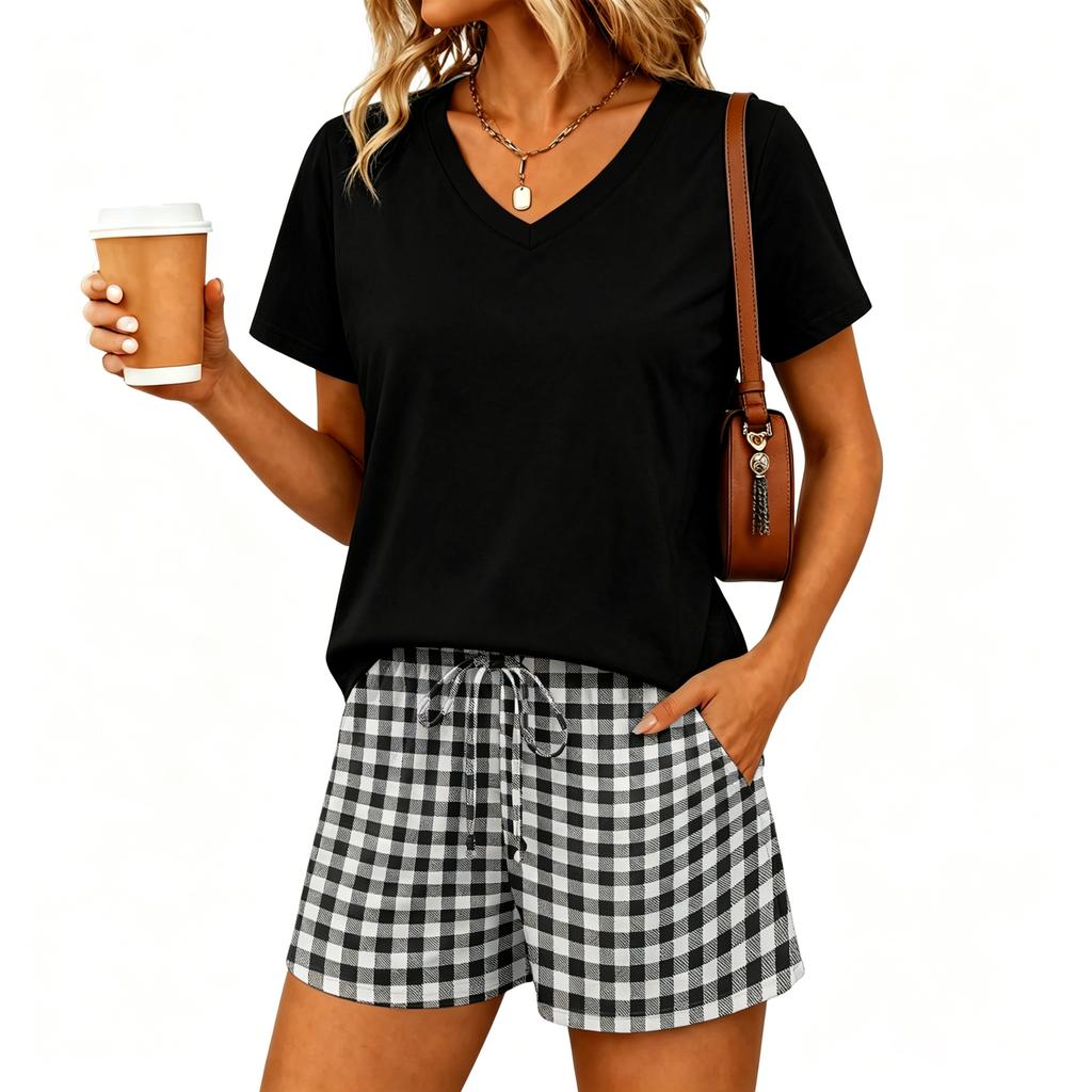 Women Two Piece Set V Neck Short Sleeve Top with Drawstring Waist Striped Shorts Casual Lounge Wear