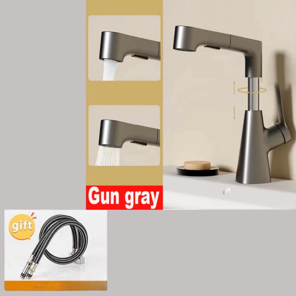 Robinet de apă caldă și rece pentru chiuvetă de baie cu funcție de extragere, robinet de pulverizare cu amestecare, pivotant la 360º, ridicabil