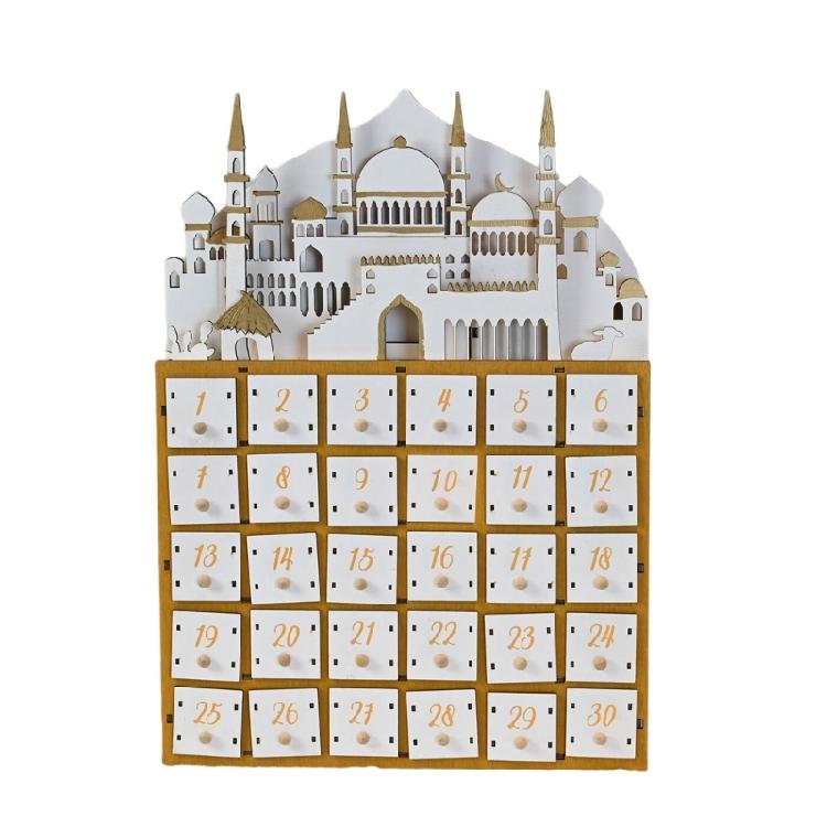 Ramadans Holz Countdown Kalender Schubladen Eid Mubarak Moschee Adventskalender Dekoration mit LED-Licht und 30 Schubladen