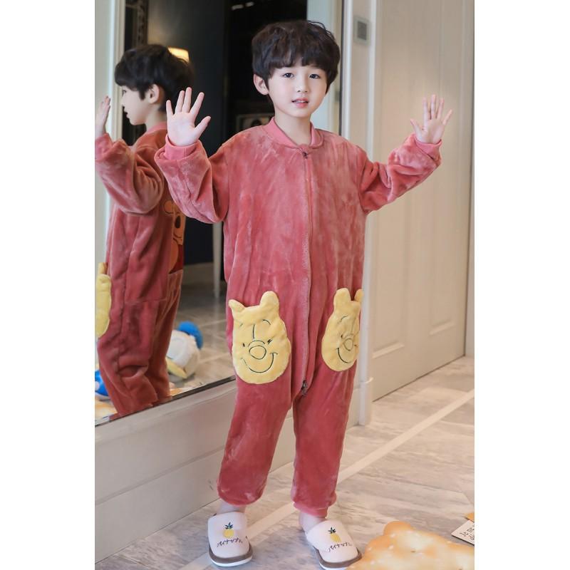 Boys Warm Fleece Pajama Set One-Piece Sleepwear Kids 8 Years Cartoon Print Thick Coral Home Suit