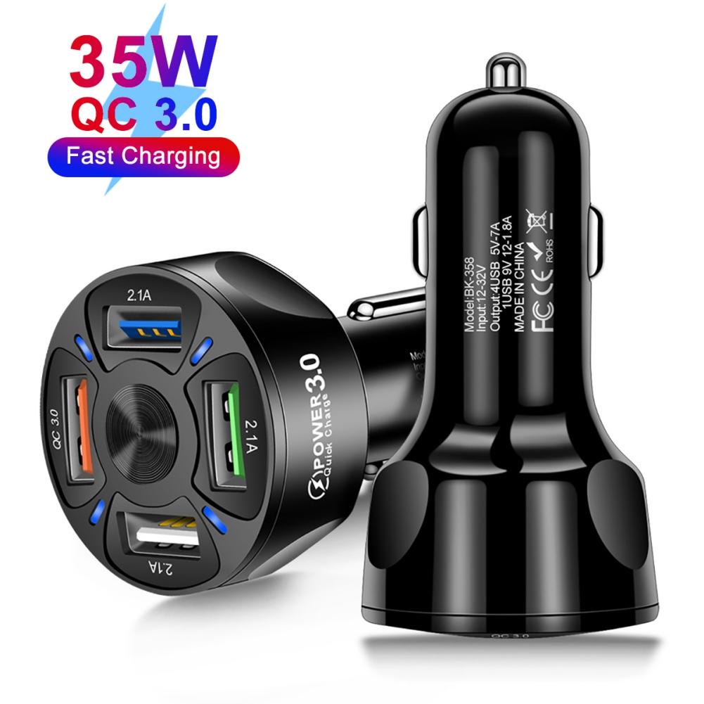 4 Ports USB Fast Car Charger Adapter QC3.0, Quick Car Phone Charger with LED Light Display, Compatible with iPhone 13 12 Pro Max,Galaxy S20 and More