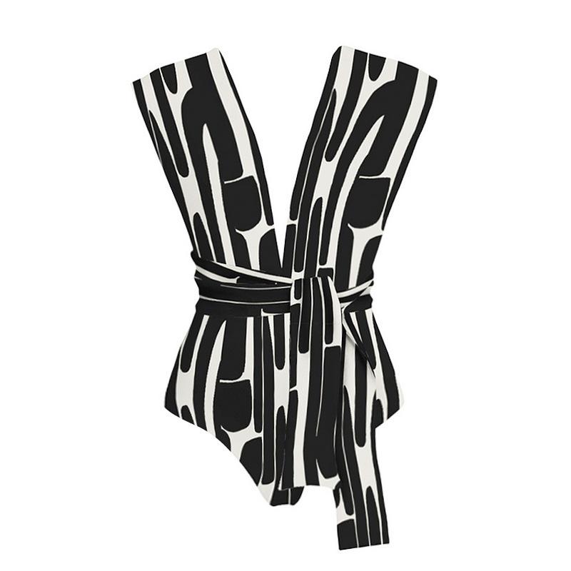 Swimsuit women s striped straps A variety of ways to wear one-piece swimsuit Huludao swimsuit women S чёрный