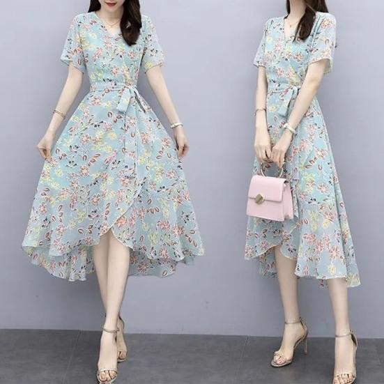 Květinové šaty pro ženy Výstřih do V Krátký rukáv Splývavé Zavinovací Midi šaty Volány Nepravidelný lem Áčkový střih Plážové Prázdninové šaty