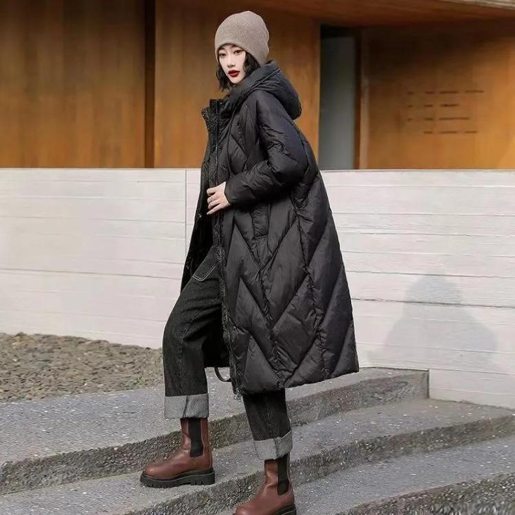 Winter Women Down Jacket Thickened Vintage Mid Loose Long Coat White Duck Down Hooded Overcoat Female Winter Wear