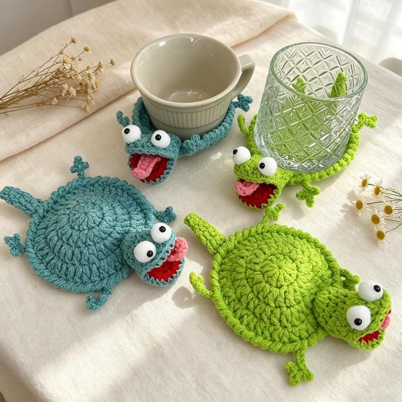 Cute Handmade Crochet Lizard Coaster Animal Drink Mat Non Slip Desk Protector Absorbent Table Decor Stress Reliever Toy Gift