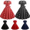 Damen Quadratischer Halsausschnitt Kurzarm Midi Kleid Lockere Passform Mittlere Taille Elegant Vintage Gepunktet A-Linie Ausgestellt Schwingend Partykleid
