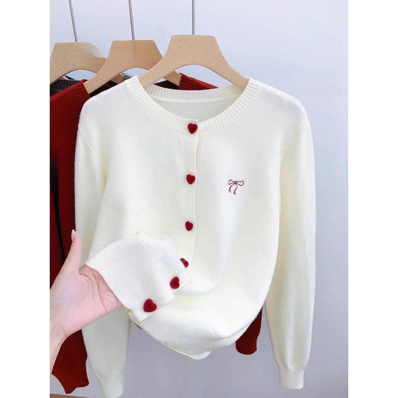 Women's Autumn Embroidered Bow Long Sleeve Knit Cardigan Sweater