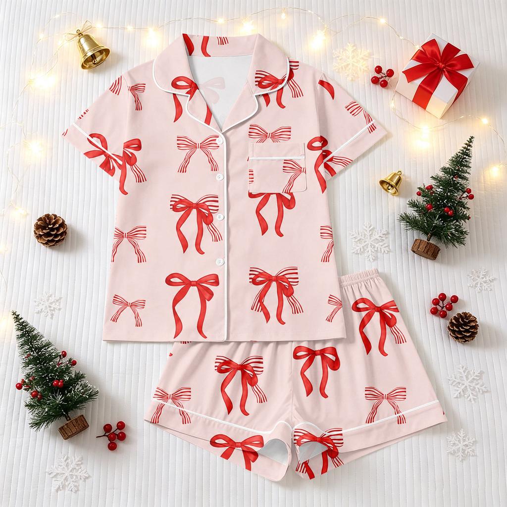 Women's Christmas Pajama Set Short Sleeve Button Down Shirt and Shorts Sleepwear