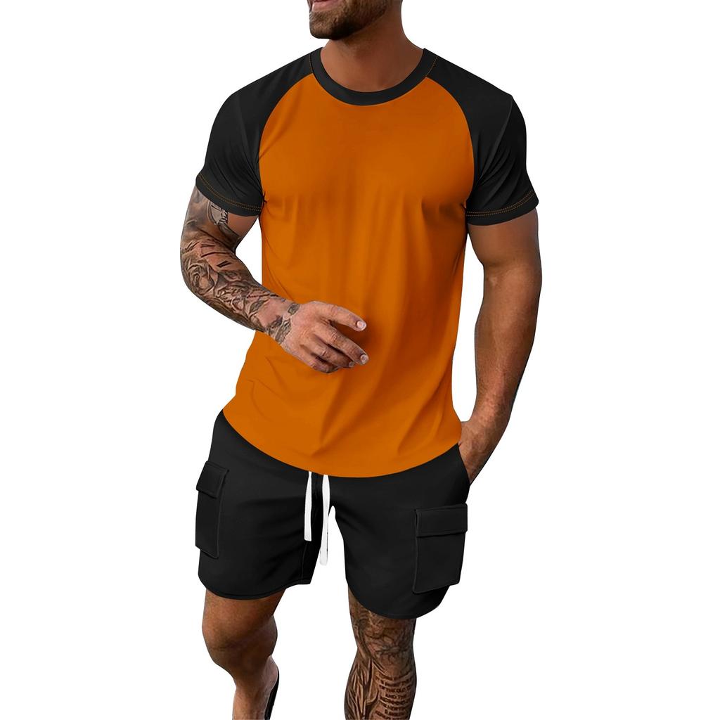 Men's Summer Solid Color Loose Plug-In Short-Sleeved Round Neck Top Workwear Shorts Suit