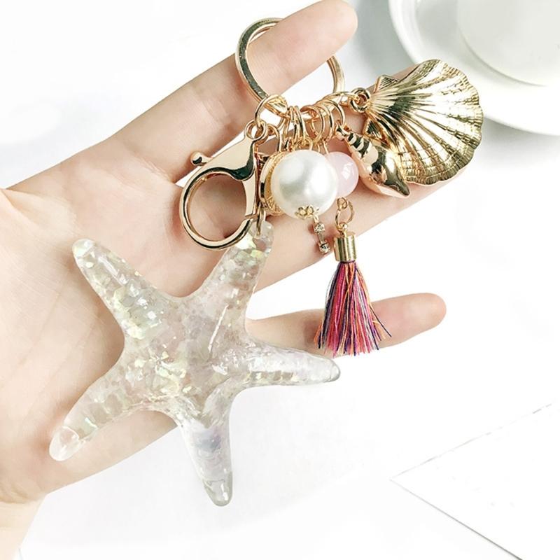 Practical Elegant White Starfishes Keychain With Pearls Accent For Car Key And Bags Metal And Acrylic Construction