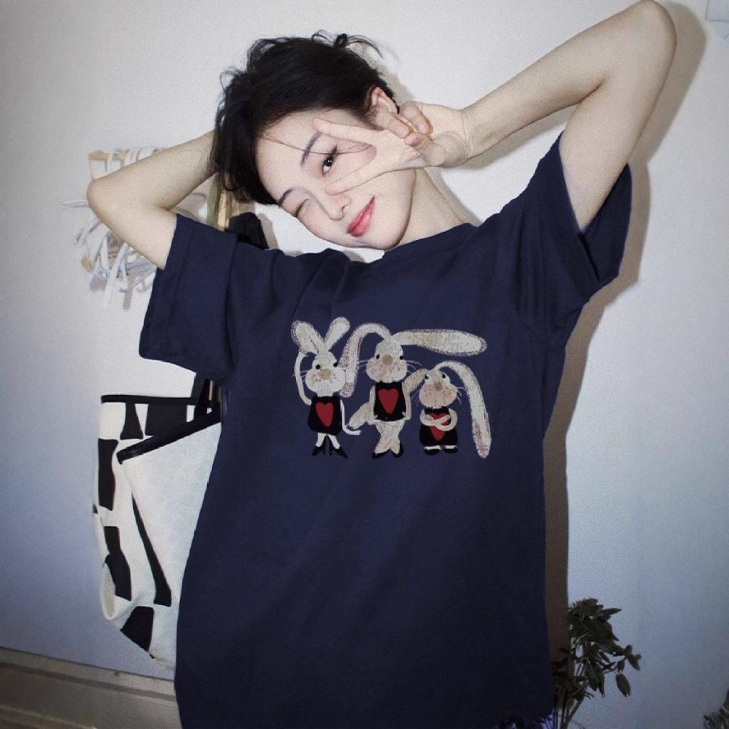 Ladies Summer Short Sleeve Round Collar Cartoon Rabbit Printed Loose Pullover Casual T Shirt Top