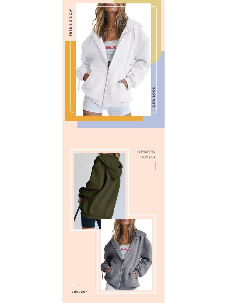 2023 Trendy Women's Solid Color Zipper Hooded Cardigan Jacket with Pockets