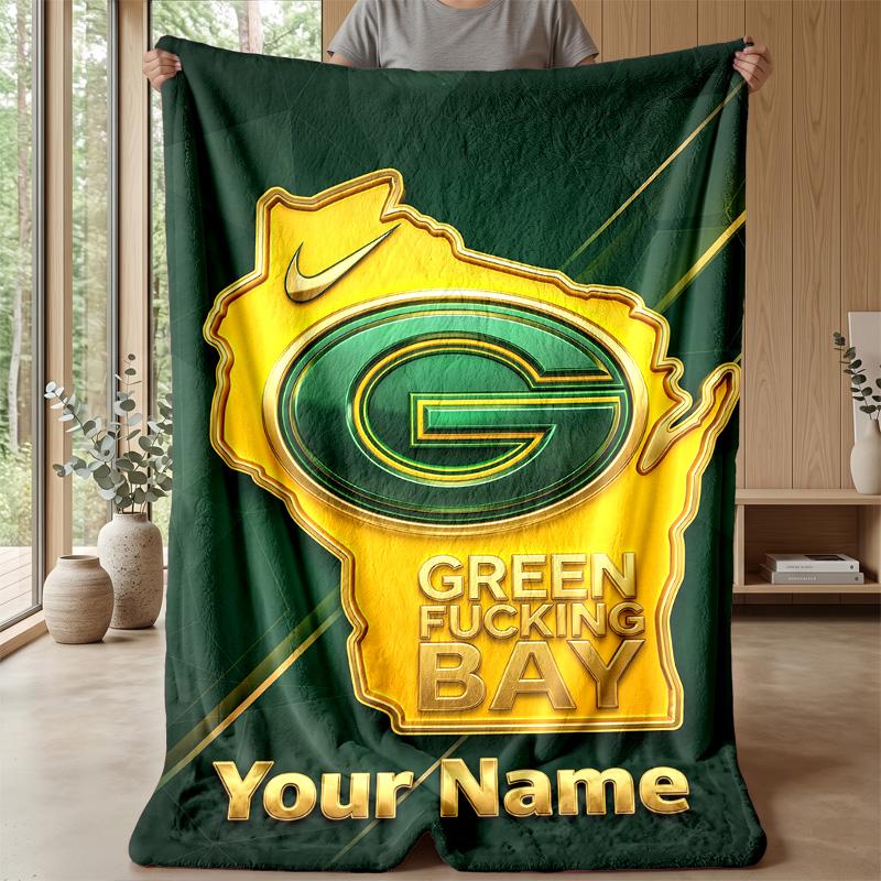 Green Bay Packers Custom Flannel Throw Blanket Print Your Name Text Soft Warm Blanket Holiday Present