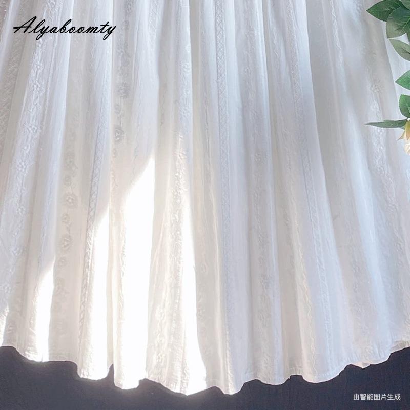 Japanese Mori Girl Spring Summer Women Midi Skirt Elastic Waist Jacquard Cotton White Skirt Sweet Basic Soft Ladies' A-Line Skirt