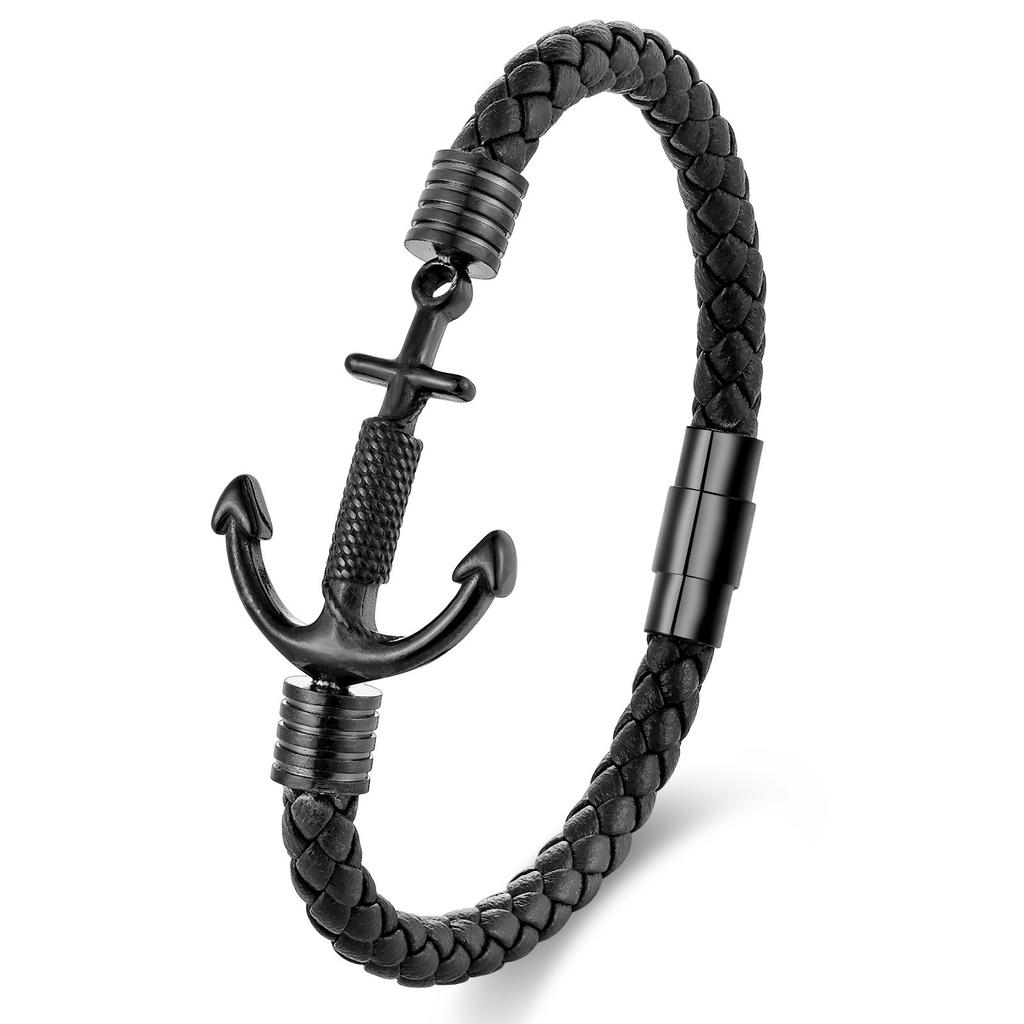 Black Leather Rope Cowhide Men's Double Layer Leather Woven Bracelet Handmade Multilayer Leather Anchor Bracelet