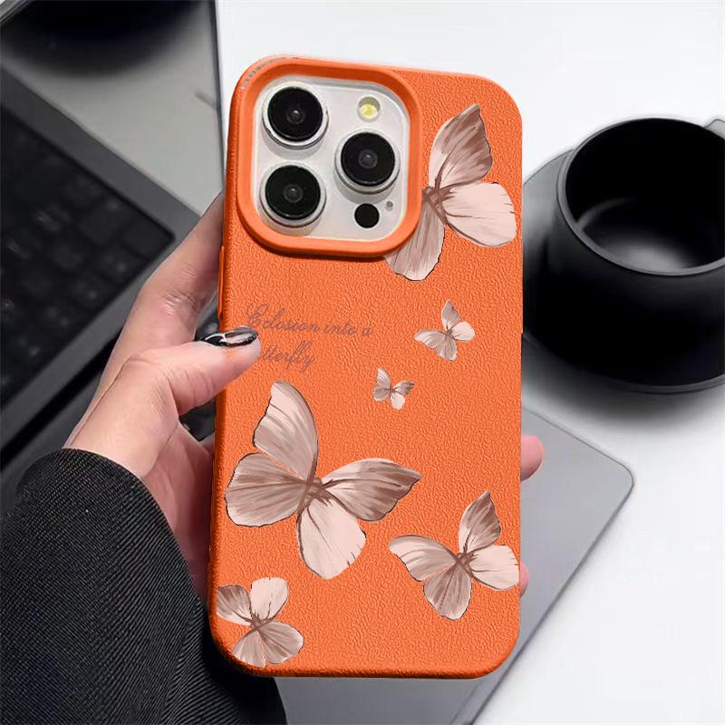 Color Butterfly Pattern Leather Texture Phone Case for iPhone 16 Pro 15 14 13 12 Pro Max Shockproof Matte Slim Plain Color Tpu Soft Anti-Fall Cover
