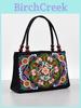 Artful Ethnic Doublesided Embroidered Canvas Handbag With Wooden Bead Accessories For Daily Use