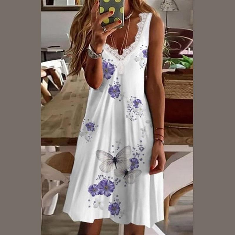 Women Summer Casual Sleeveless Lacework V Neck Printed Knee Length One Piece Dress
