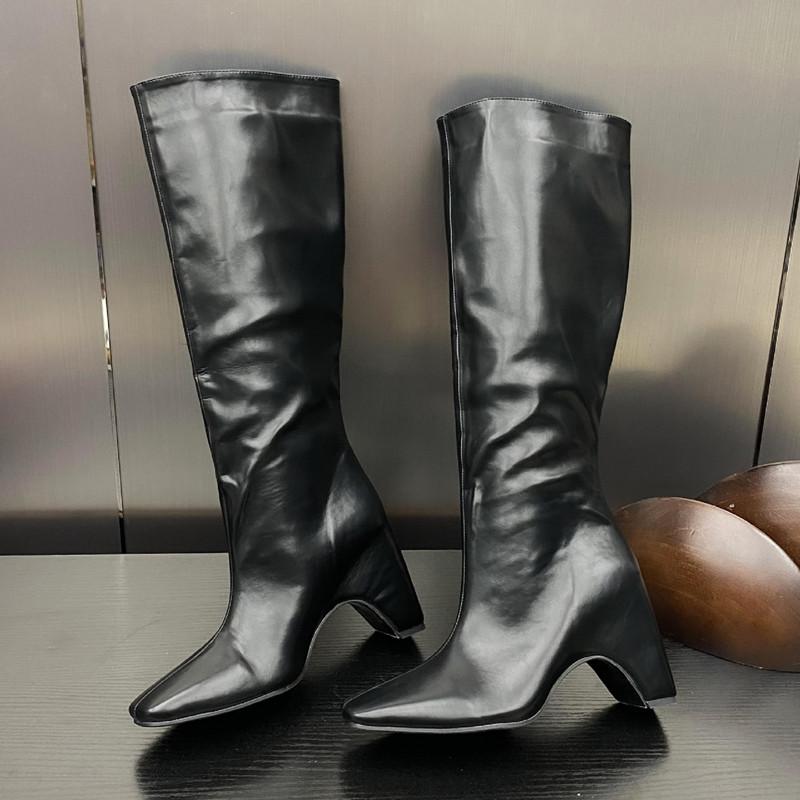 

Модные женские ботфорты в стиле Ins из лакированной кожи с квадратным носком, элегантные осенне-зимние ботинки на высоком каблуке челси 35 чёрный