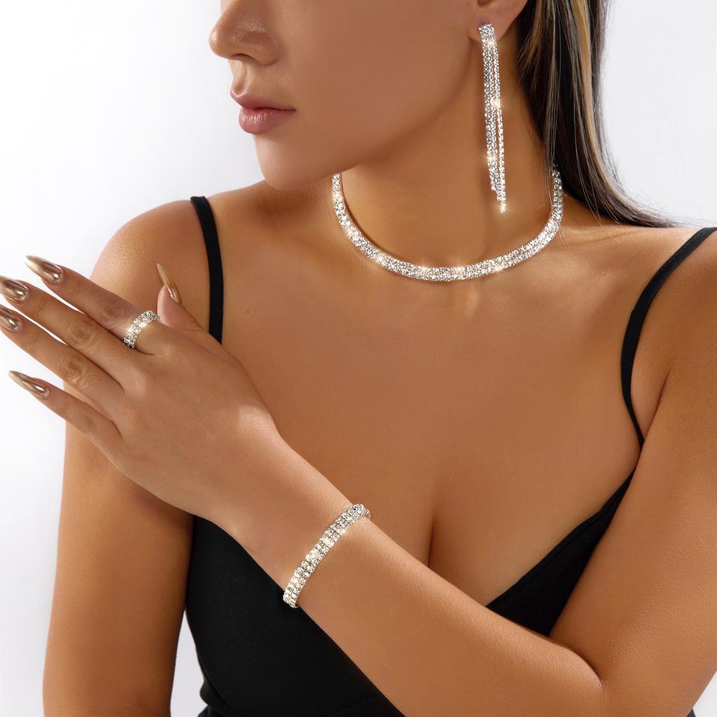 Luxury Pearl Rhinestone Choker Necklace & Bracelet Set for Women Elegant Silver Color Collar Bridal Wedding Jewelry Accessories