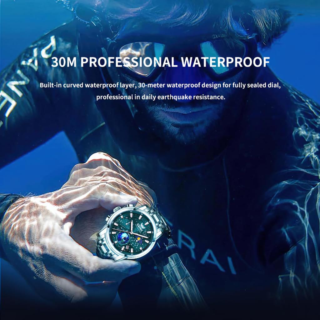 Analoge Business-Uhr mit wasserdichtem Kalender und grünem Edelstahlarmband für Herren,