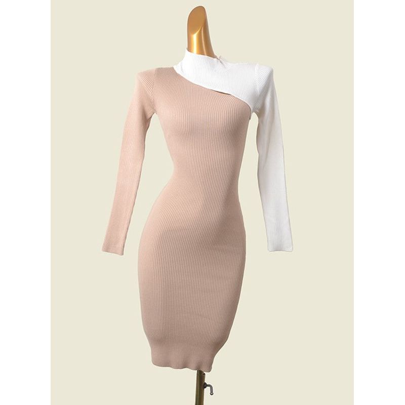 Temperamental Minority Export Dress American Stand Collar Color Matching Knitting Silm Bodycon Dress Spring New Arrival Oblique Cut Opening