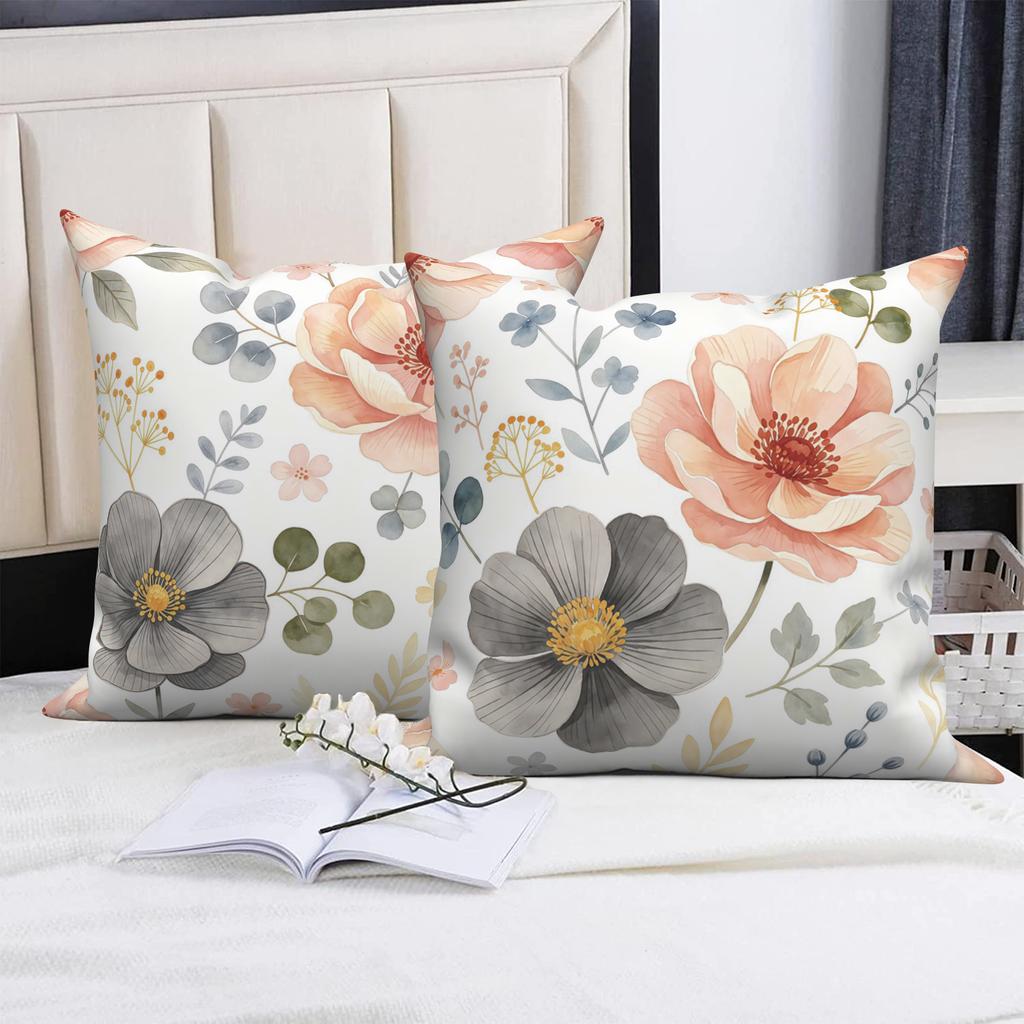 4Pcs Watercolor Floral Throw Pillow Boho Style Peach Gray Flower Covers Polyester Linen Cushion Cases For Sofa Couch Home Decor