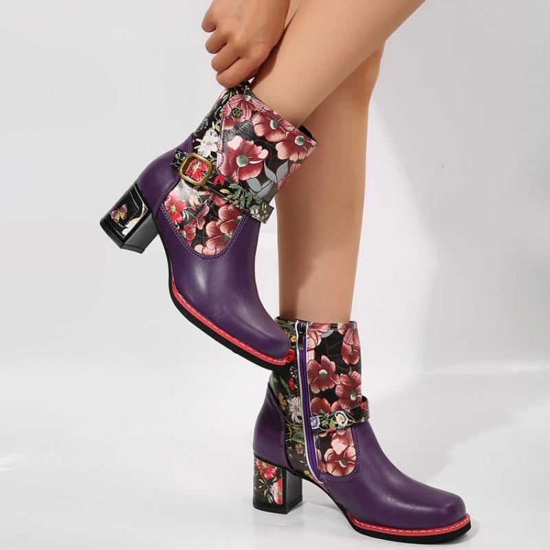 Fashion Women's Chunky Heel Boots Winter New Round Head Color Matching Printed Side Zipper Belt Buckle Short High Heel Boots