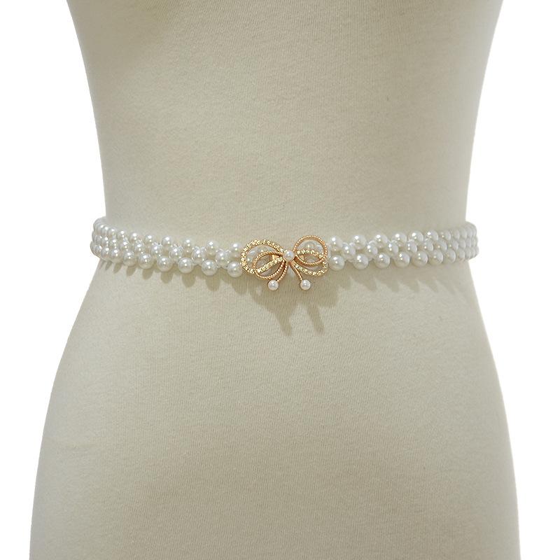 Pearl elastic thin belt fashionsweet rhinestone inlaid bows buckle waist chain