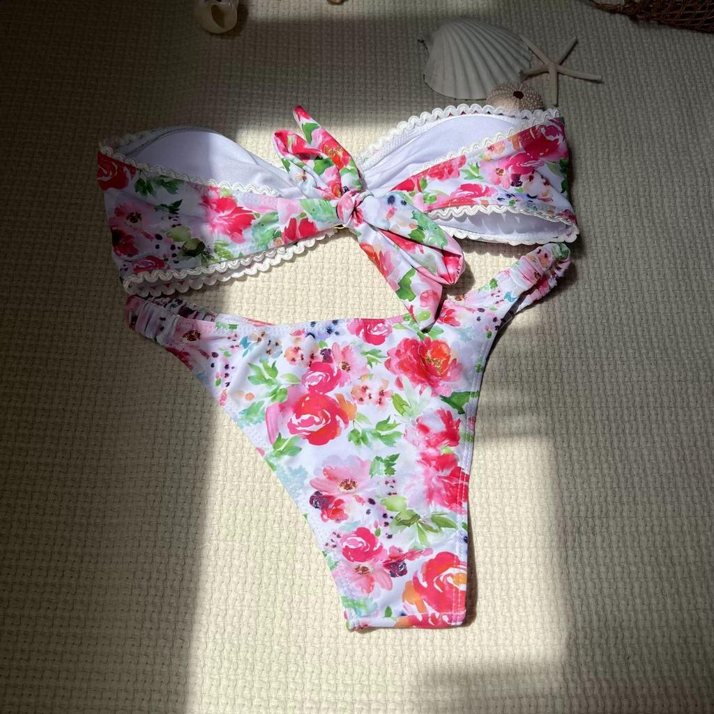 2024 Sexy Floral Lace Bandeau Split Swimsuit Bikini
