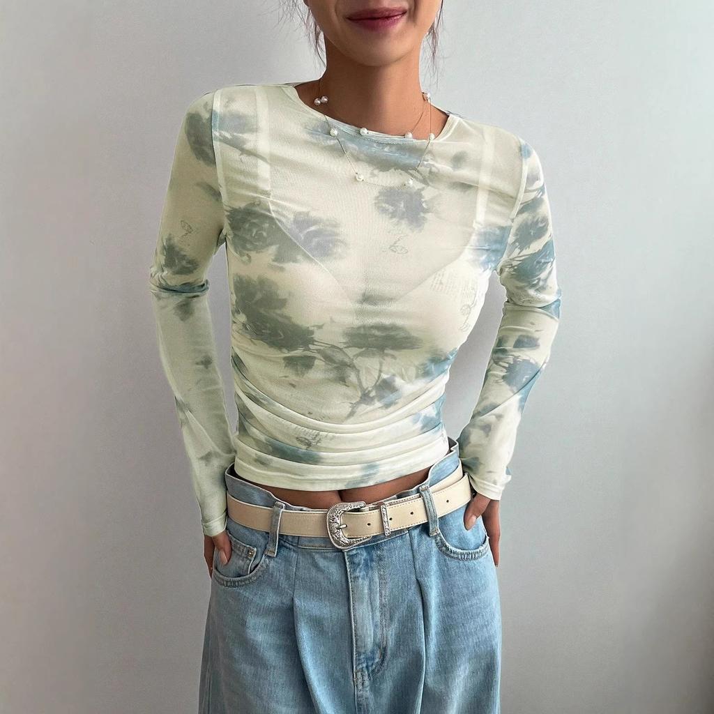 European and American spring/summer new elegant women's floral mesh print pleated side short top for women