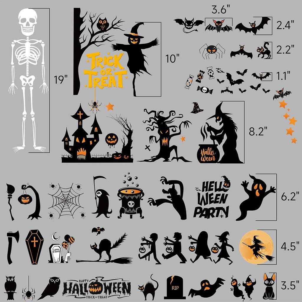 Halloween Window Stickers, 10 Sheets 150+PCS Halloween Skeleton Bats Ghosts Window Clings Party Decoration, Decals for Glass Windom Indoor and
