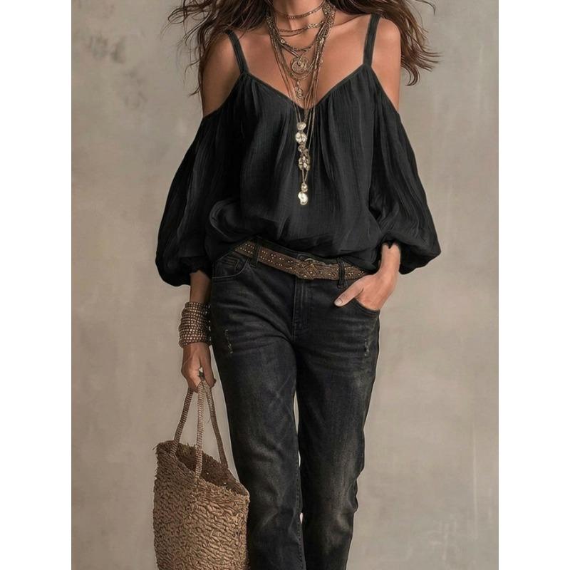 Camicia Casual da Donna a Maniche Lunghe a Bolla, Scollo a V, Colore Unito, per Vacanze