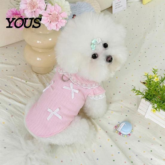 Hair Free Pet Clothes Cute Girl Dog T-Shirt, Sweet Lace Trim Shirt with Bowknots, Metal D Ring Short Flying Sleeves, Summer Female Outfit
