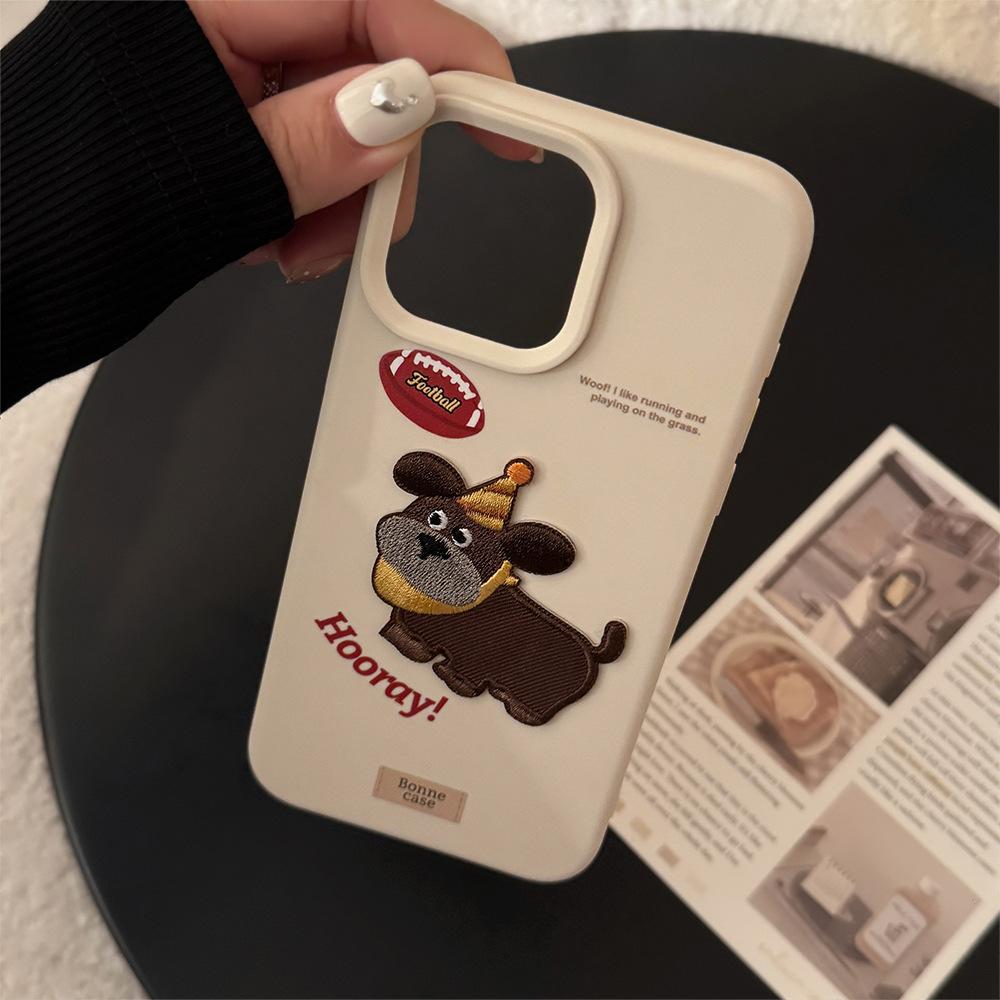 American Retro Iphone17pro Mobile Phone Case Max Apple 16 Embroidered Puppy 13 Cartoon 14 Suitable for 12 Anti Fall
