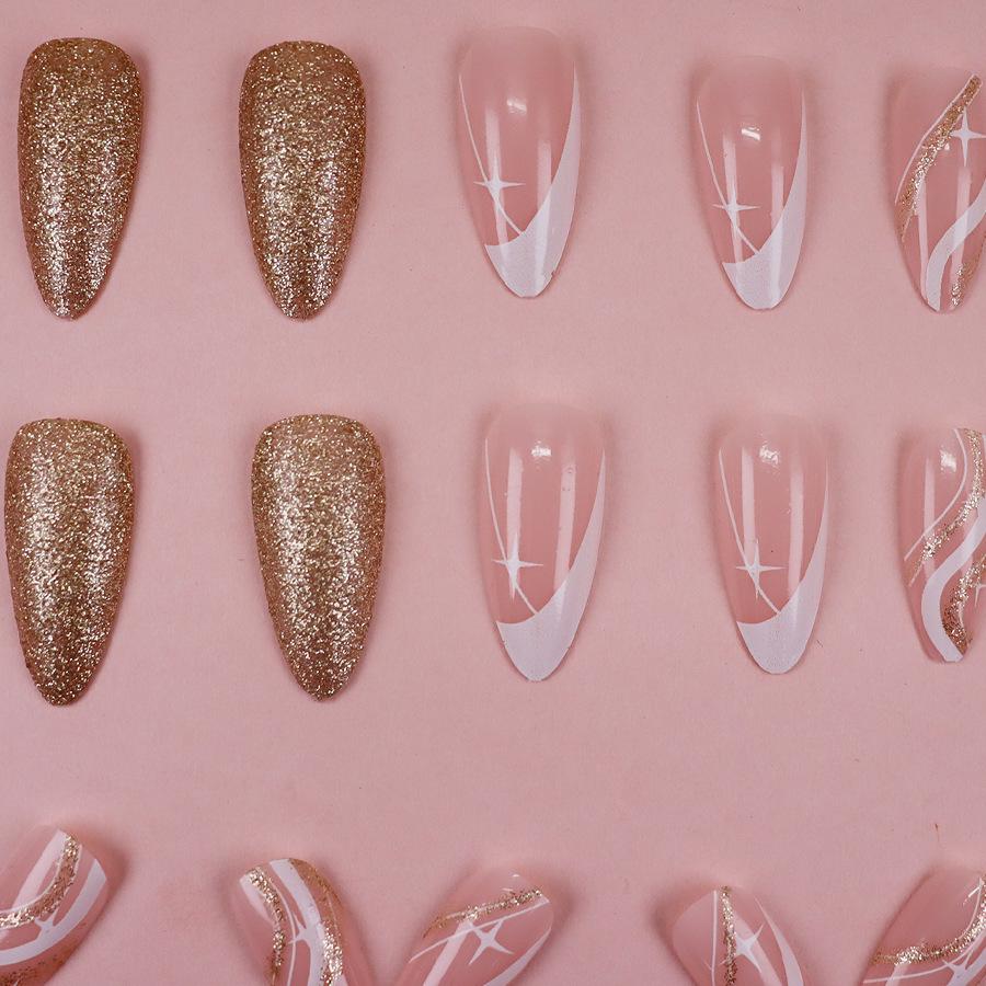 Stylish Almond Nails: French Wave Glitter Design for a Sweet and Fashionable Look, Skin-Whitening, Press-On