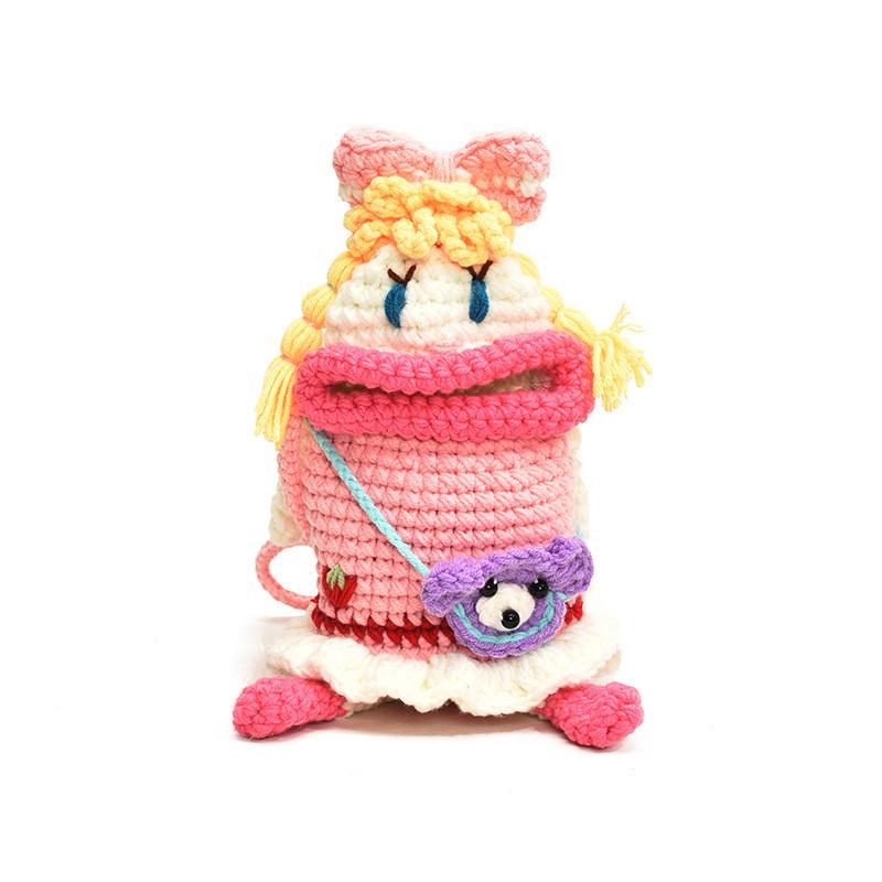 Knitted Pink Lovely Crossbody Bag For Children Featuring Cute Cartoon Motif Doll