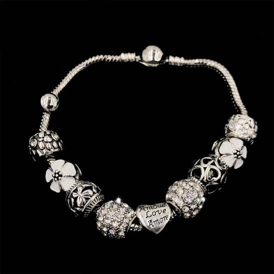 Love Flower Rhinestone Beads Charm Cuff Bangle Bracelet Women Wedding Jewelry